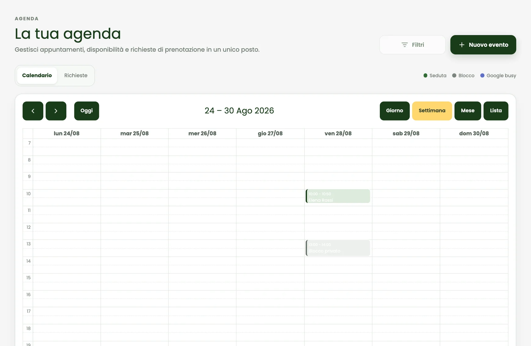 Schermata dimostrativa di Agenda e appuntamenti