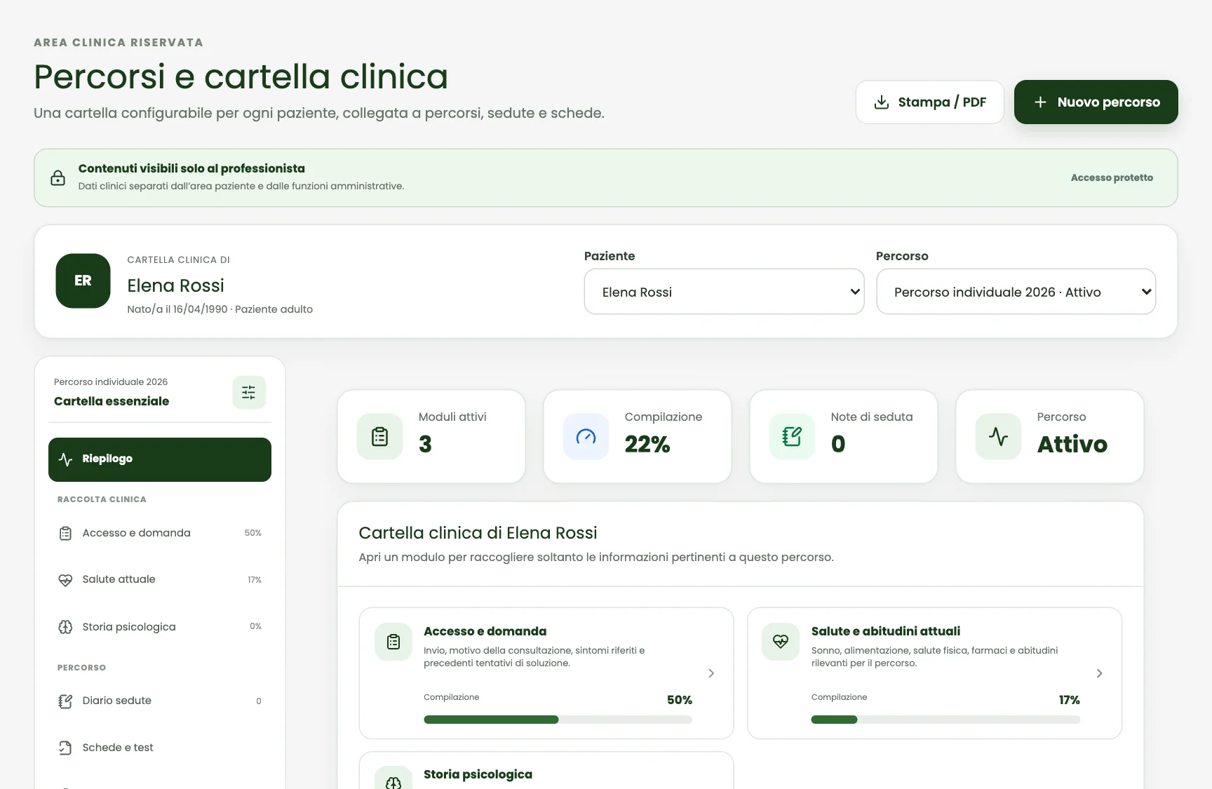Schermata dimostrativa di Pazienti e cartella clinica
